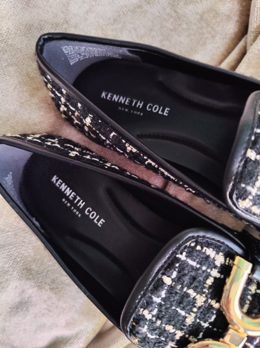 New Kenneth Cole Black and Gold Tweed Larisa Loafers with Gold Tone Buckle, Sz8 - Picture 3 of 13